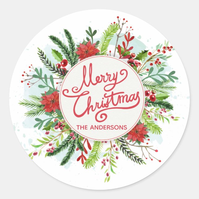 Personalised Floral Wreath Christmas Sticker (Front)
