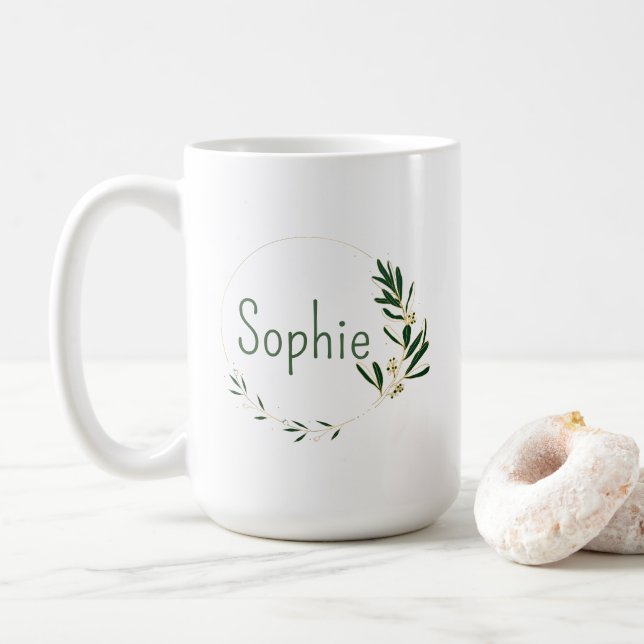 Personalised floral wreath classic coffee tea mug (With Donut)