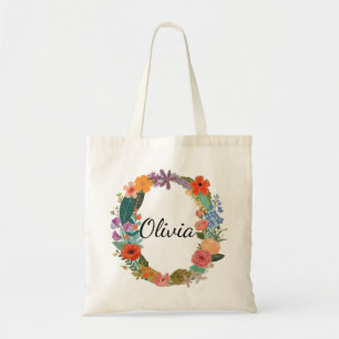 Personalised Floral Wreath Custom Name Botanical Tote Bag