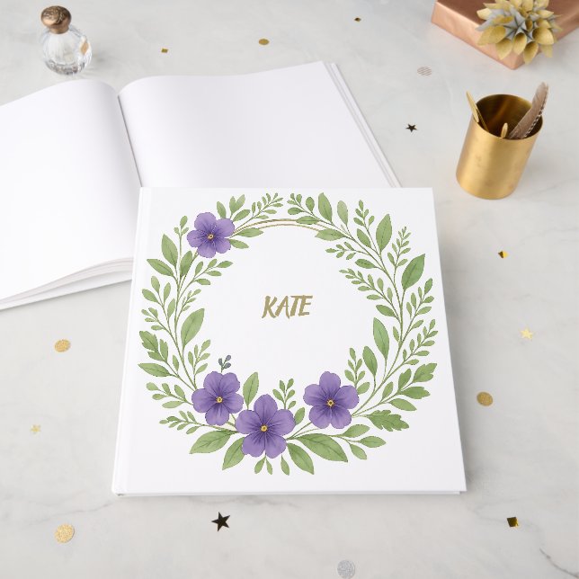 Personalised Floral Wreath – Custom Name  Guest Book (Front Open)