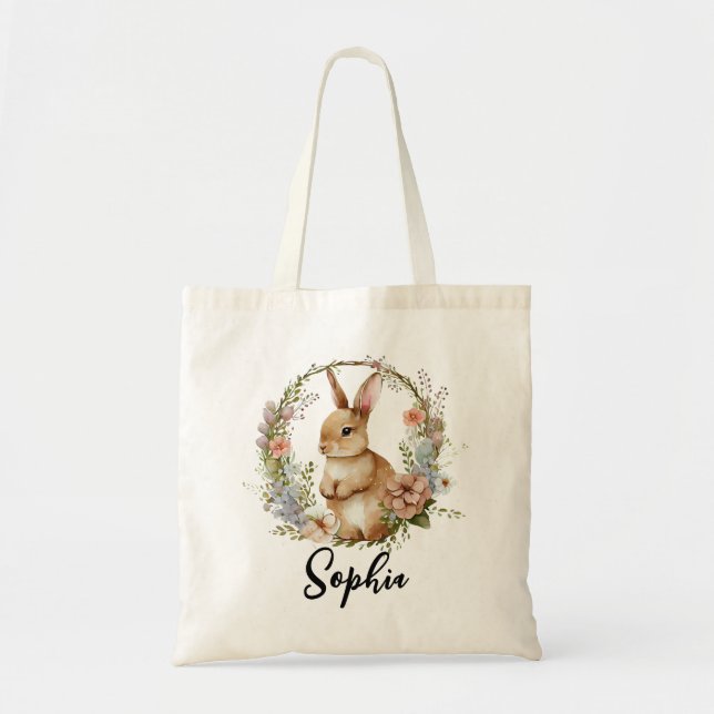 Personalised Floral Wreath Easter Bunny Egg Hunt Tote Bag (Front)