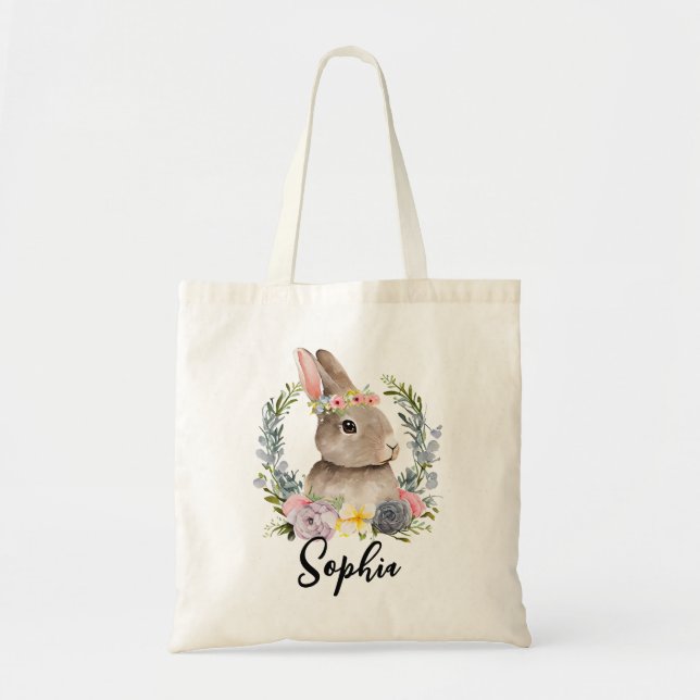 Personalised Floral Wreath Easter Bunny Egg Hunt Tote Bag (Front)
