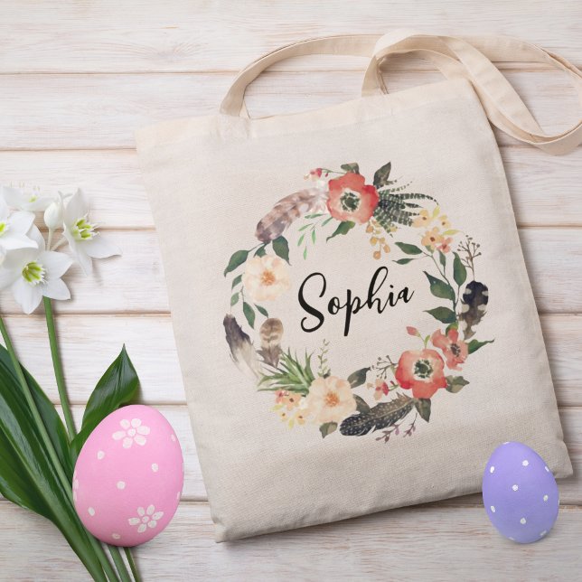 Personalised Floral Wreath Easter Hunt Kids Tote Bag (Easter egg hunt tote bag for kids)