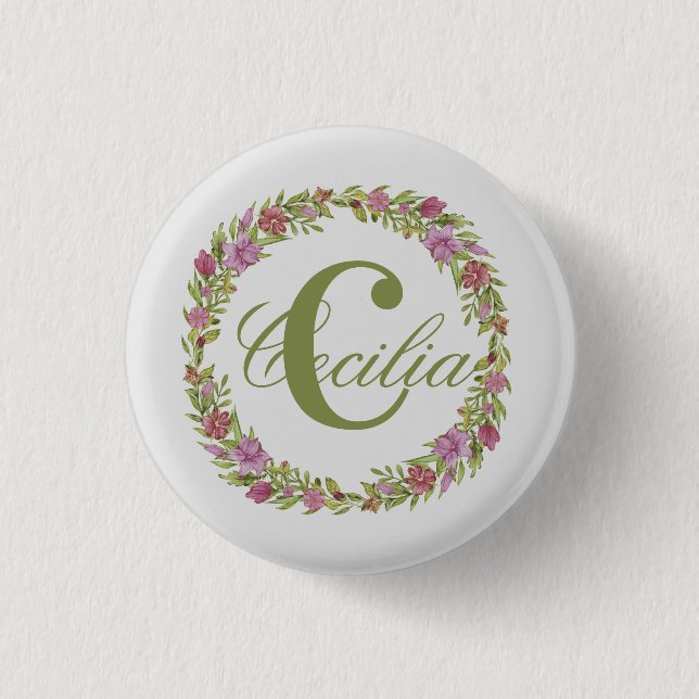 Personalised Floral Wreath Last Name Monogram 3 Cm Round Badge (Front)
