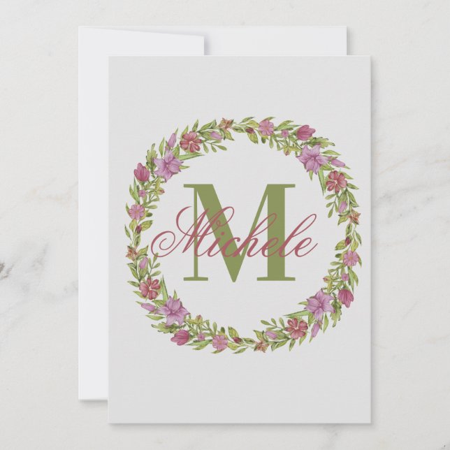 Personalised Floral Wreath Last Name Monogram Card (Front)