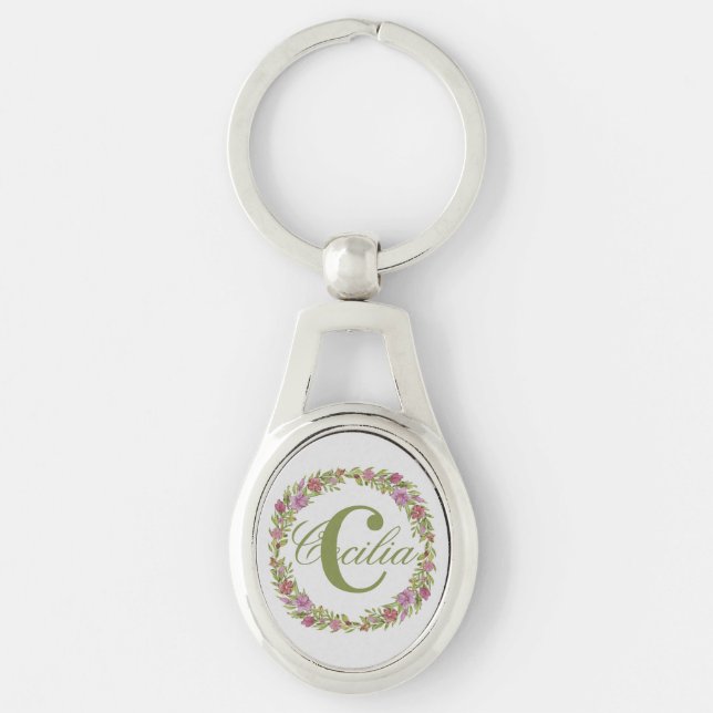 Personalised Floral Wreath Last Name Monogram Key Ring (Front)