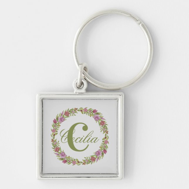 Personalised Floral Wreath Last Name Monogram Key Ring (Front)