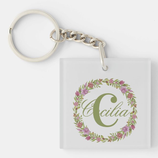 Personalised Floral Wreath Last Name Monogram Key Ring (Front)