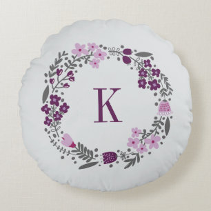 Personalised Floral Wreath Monogram Plum Grey Round Cushion