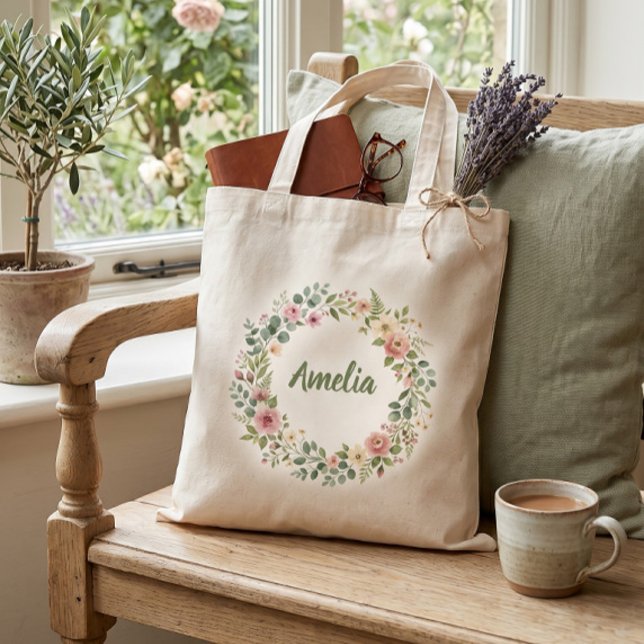 Personalised Floral Wreath Tote Bag | Custom Name (Creator Uploaded)