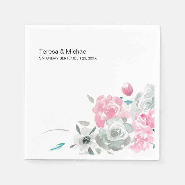 Personalised Flower blossom watercolor Wedding Napkin (Front)