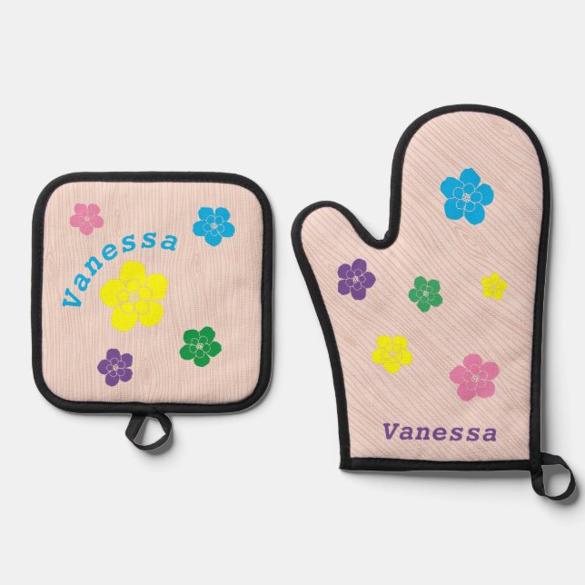 Personalised Flower Cutouts on Woodgrain Backdrop Oven Mitt & Pot Holder Set (Front)