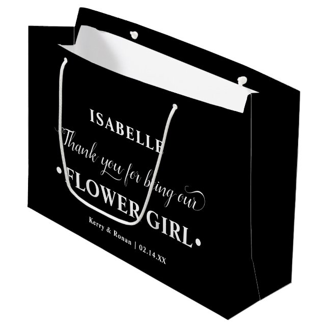 Personalised Flower Girl Black White Thank You Large Gift Bag (Front Angled)