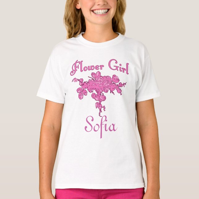 Personalised FLOWER GIRL with Big Pink Bouquet T-Shirt (Front)