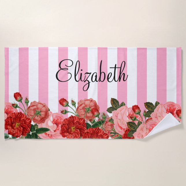 Personalised Flowers and Stripes Beach Towel (Front)