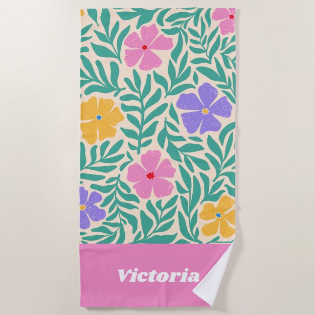 Personalised Flowers Beach Towel | 70s Boho Custom (Front)