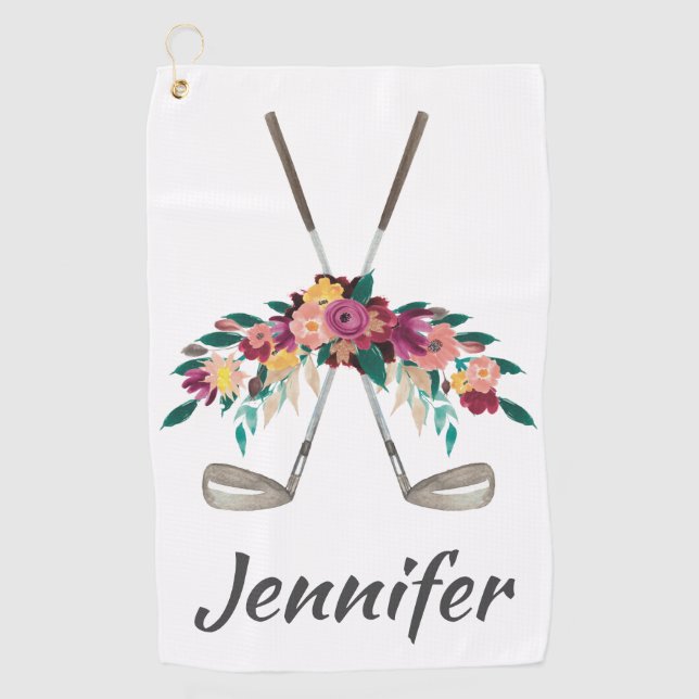 Personalised Flowers with Clubs Womens  Golf Towel (Front)