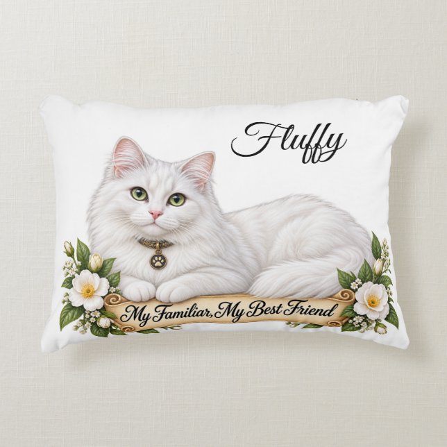 Personalised Fluffy White Cat Familiar Decorative Cushion (Front)