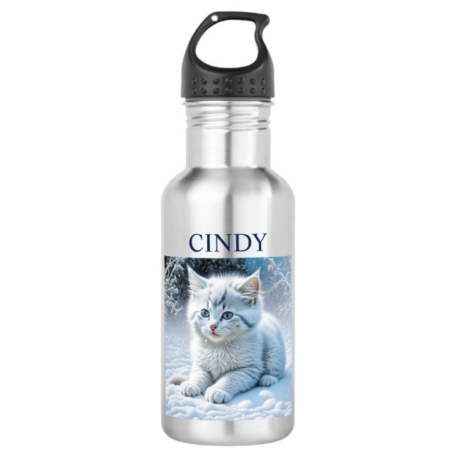 Personalised Fluffy White Kitten in Snow 532 Ml Water Bottle (Front)