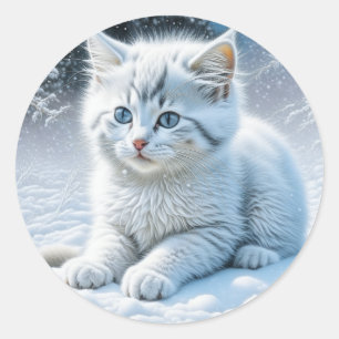 Personalised Fluffy White Kitten in Snow Classic Round Sticker