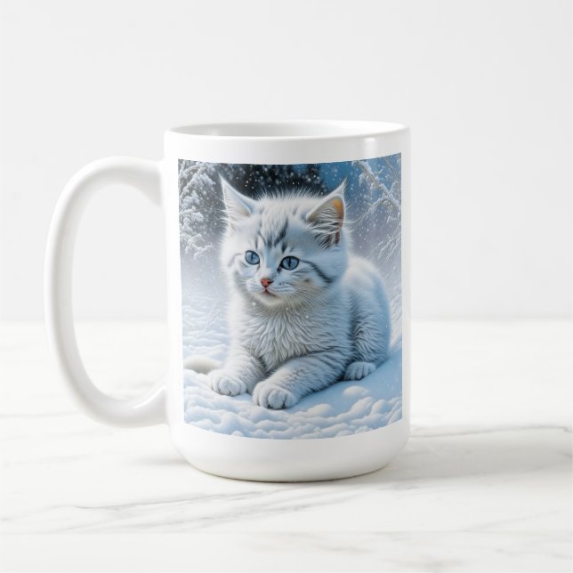 Personalised Fluffy White Kitten in Snow Coffee Mug (Left)