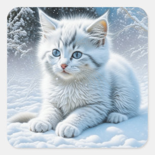 Personalised Fluffy White Kitten in Snow Square Sticker