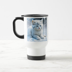 Personalised Fluffy White Kitten in Snow Travel Mug
