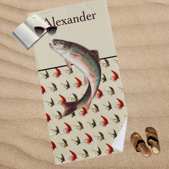 Personalised Fly Fishing Rainbow Trout Rustic Beach Towel (Creator Uploaded)