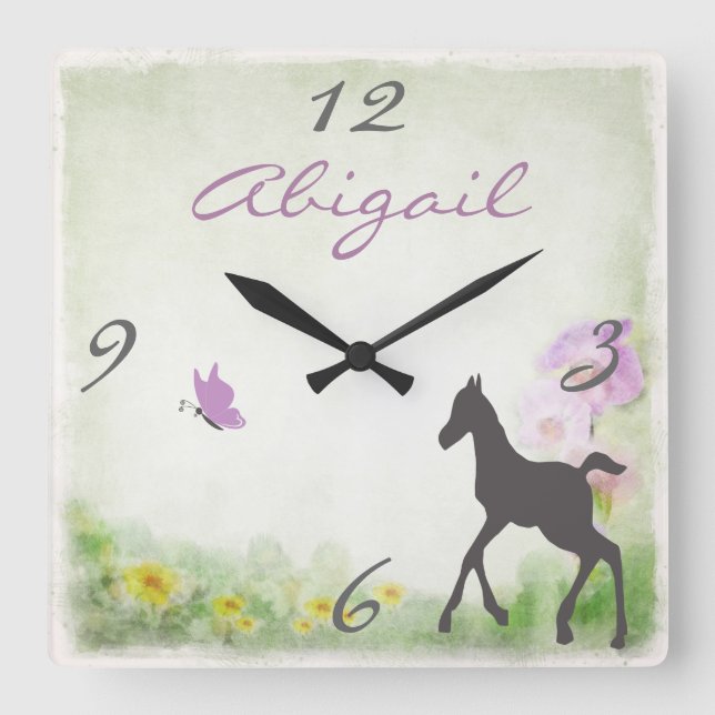 Personalised Foal and Butterfly Horse Wall Clock (Front)