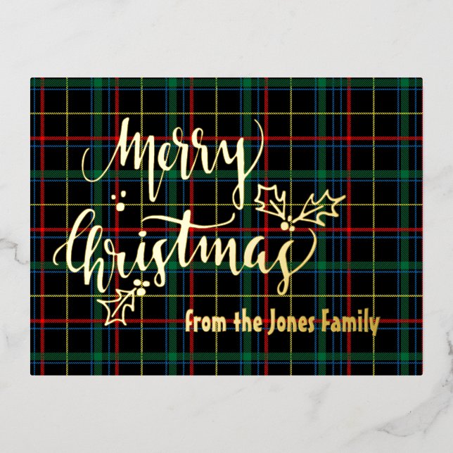 Personalised Foil Merry Christmas Tartan Foil Holi Foil Holiday Postcard (Front)