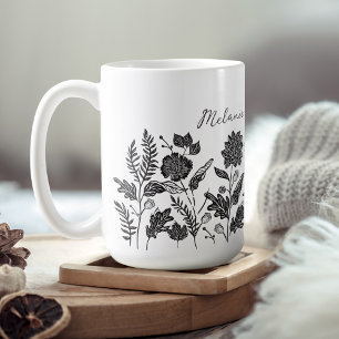 Personalised Foliage Autumn Flowers Black Coffee Mug