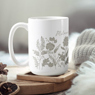 Personalised Foliage Autumn Flowers Sage Green Coffee Mug