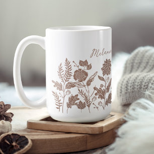 Personalised Foliage Autumn Flowers Taupe Coffee Mug