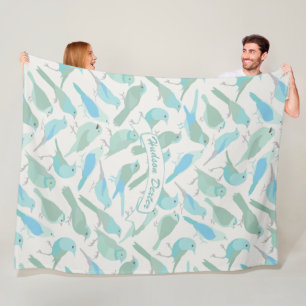 Personalised Folk Art Blue and Mint Bird Pattern Fleece Blanket