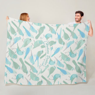 Personalised Folk Art Blue and Mint Bird Pattern Fleece Blanket