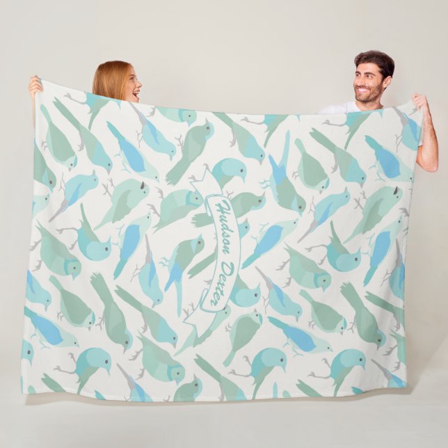 Personalised Folk Art Blue and Mint Bird Pattern Fleece Blanket (In Situ)
