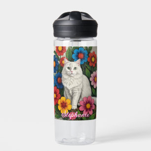 Personalised Folk Art Cat and Flowers Water Bottle