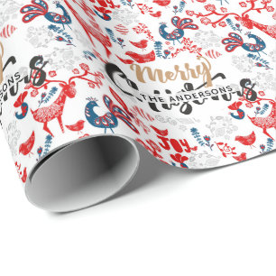 Personalised Folk Art Christmas RED BLUE Stags Wrapping Paper