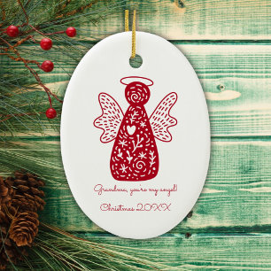 Personalised Folk Art Red Angel Scandinavian Ceramic Tree Decoration