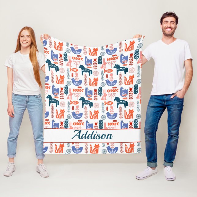 Personalised Folk Art Woodland Animal Fleece Blanket (In Situ)