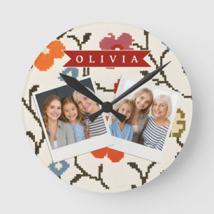 Personalised Folk Scandi Boho Vintage Floral  Round Clock