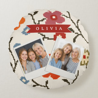 Personalised Folk Scandi Boho Vintage Floral  Round Cushion