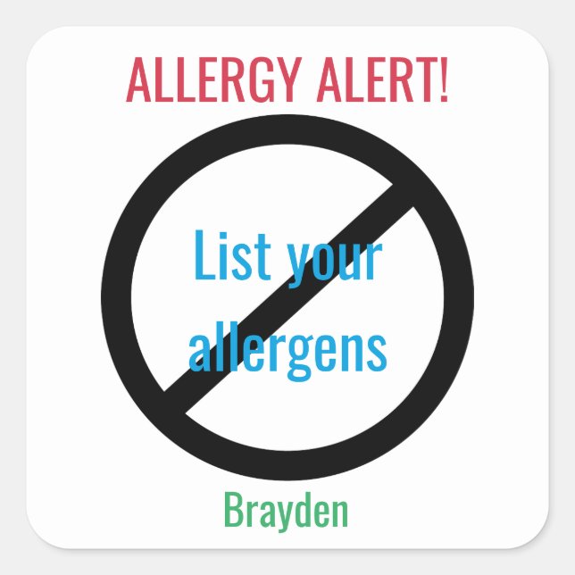 Personalised Food Allergy Alert Kids NO Symbol Square Sticker (Front)