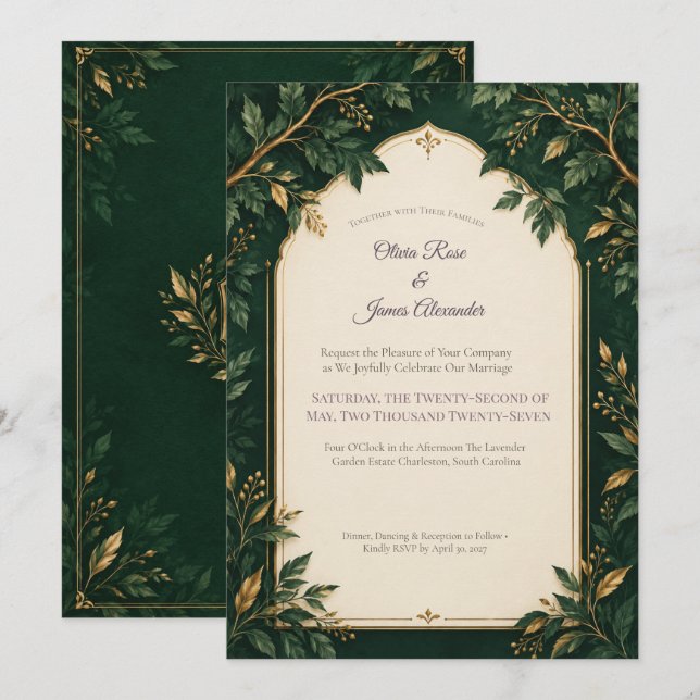 Personalised Forest Green Gold Wedding Invitations (Front/Back)
