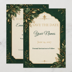 Personalised Forest Green Gold Wedding Save the Date