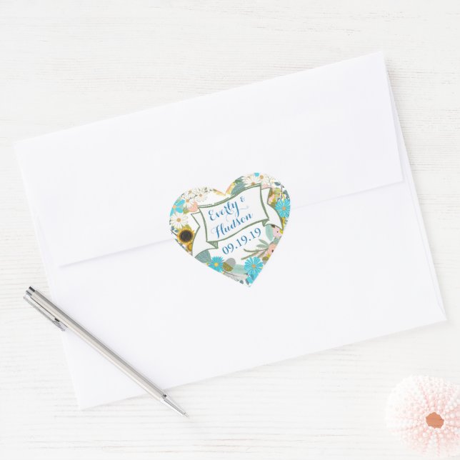 Personalised Forever Aqua and Pink Garland Wedding Heart Sticker (Envelope)