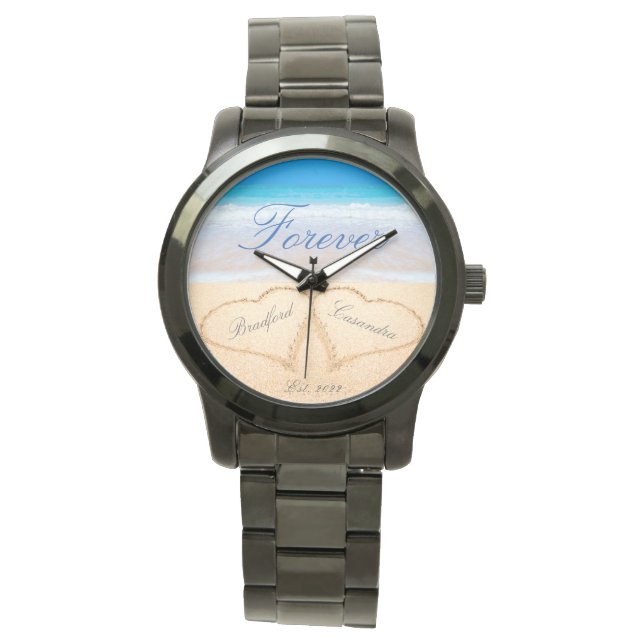  Personalised Forever Hearts in Sand Beach Wedding Watch (Front)