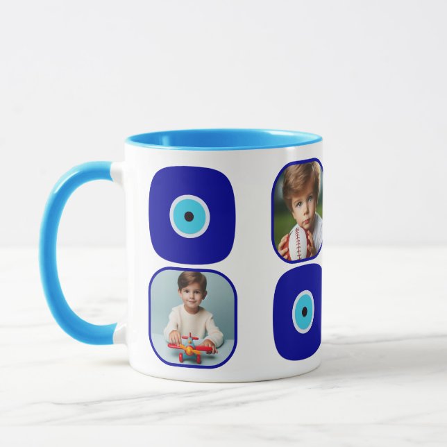 Personalised Four Photos, Blue Evil Eye Amulets  Mug (Left)