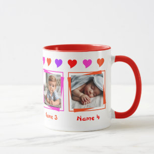 Personalised Four Photos, Colourful Hearts, Family Mug