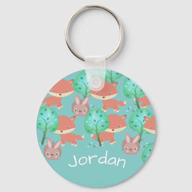 Personalised Fox and Bunny Woodland Pattern Key Ring (Front)